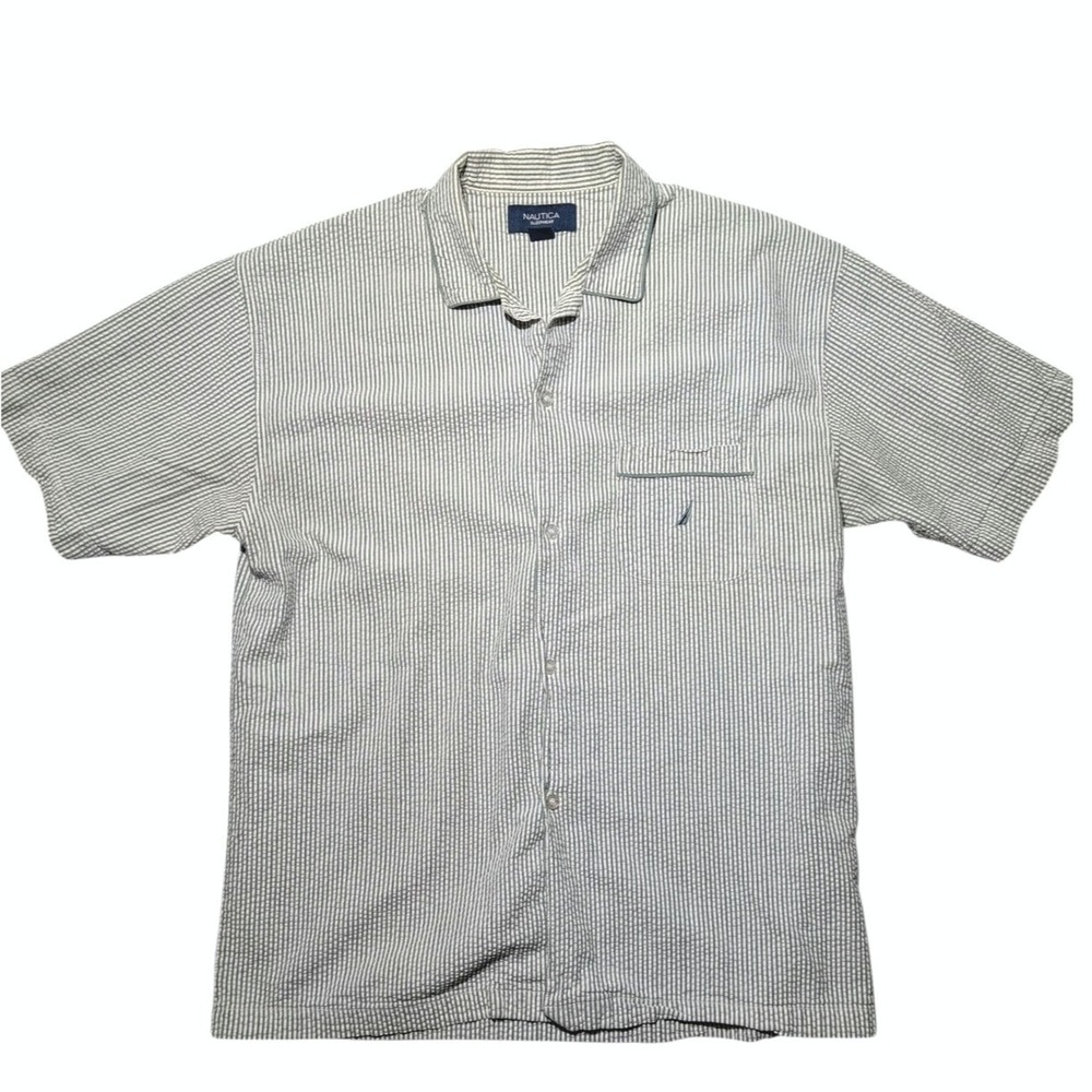 Nautica Green Striped Short Sleeve Seersucker Pajama Top Sleep Shirt Size L